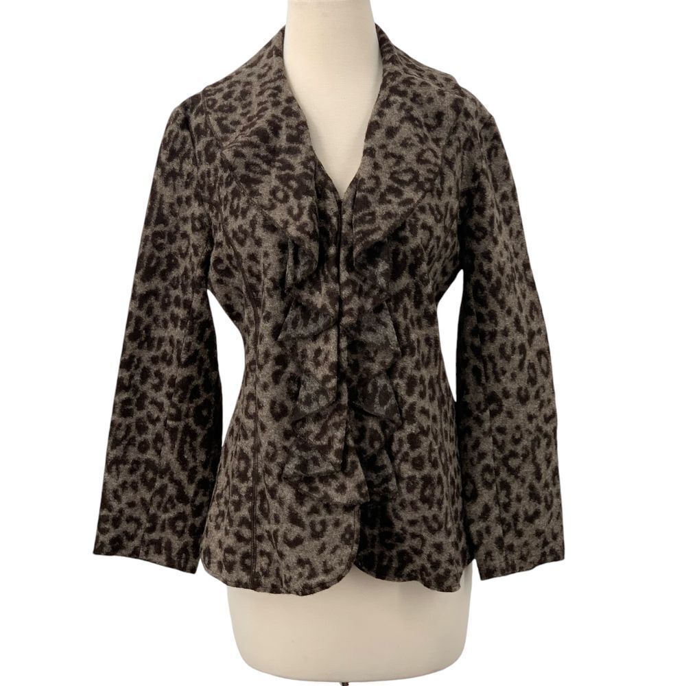 TravelSmith Women's Open Front Cardigan Ruffled Gray/Black Animal‎ Print Size M